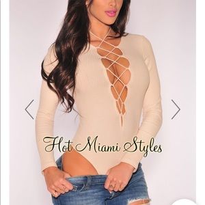 HMS Nude Ribbed Lace Up Long Sleeves Bodysuit